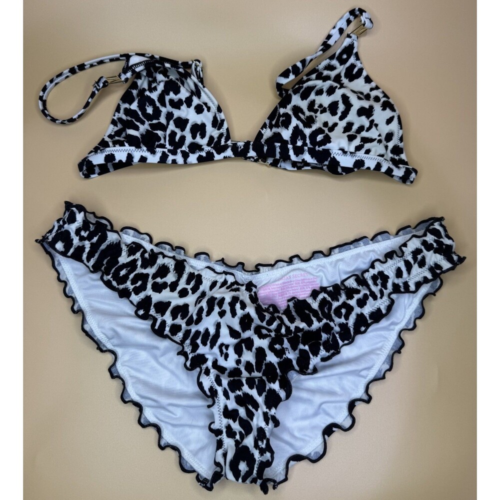 Victoria's Secret Sexy BIKINI Top Bottom Strappy Ruffled Leopard Print Medium